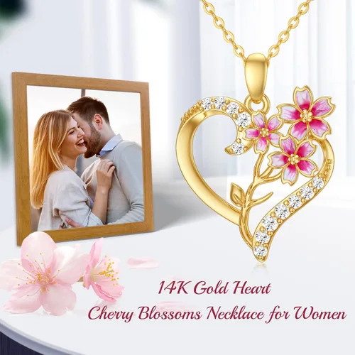 Miniatura 30 de Collar de flor de nacimiento de oro real de 14 quilates para mujer, oro amarillo creado moissanita con colgante de corazón, collares
