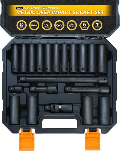 Miniatura 2 de BOEN Juego de 32 piezas SAE y métricas de impacto profundo de 1/2 pulgada, revestimiento de fosfato negro, diseño de 6 puntos, cumple con las normas