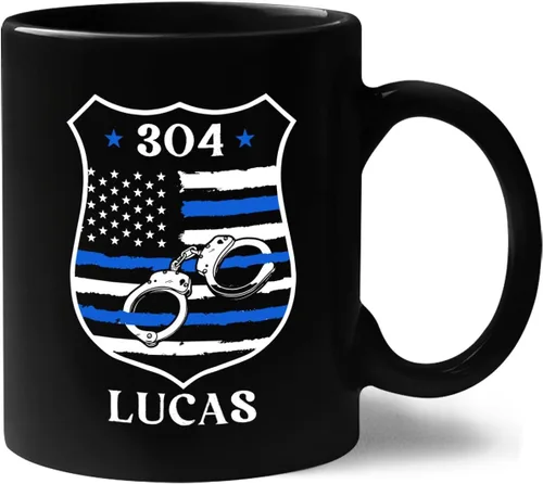 Taza de café personalizada con nombre de la policía con nombre de la policía, con línea azul fina, 11 onzas y 15 onzas Taza negra de la bandera