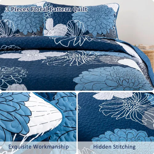 Miniatura 4 de Juego de edredón de 3 piezas con patrón floral azul marino, tamaño Queen, juego de ropa de cama reversible de microfibra con patrón de flores