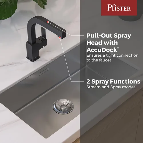 Miniatura 2 de Pfister Arkitek Grifo de cocina con rociador extraíble, manija única, arco alto, acabado negro mate, LG534LPMB