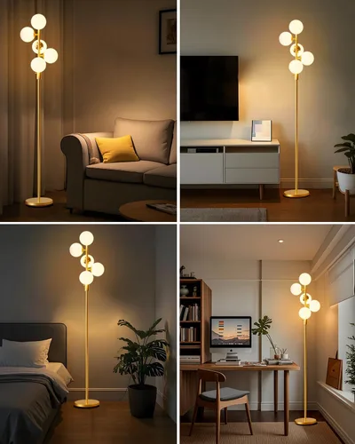 Miniatura 2 de Lightdot Lámparas de pie regulables doradas y negras de 66 pulgadas con mesa, moderna lámpara alta de pie con pantalla de globo, cabeza
