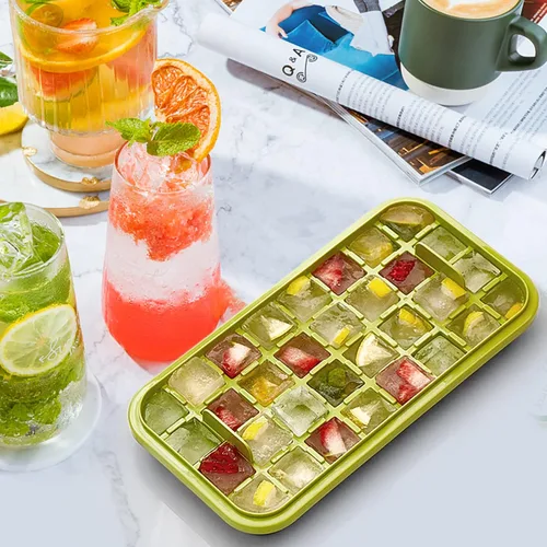 Miniatura 6 de Bandeja para cubitos de hielo con tapa y contenedor, paquete de 2 para congelador, molde para 64 cubitos de hielo (verde)