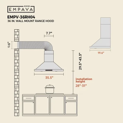 Miniatura 6 de Empava Campana extractora de pared con conductos o sin conductos de 36 pulgadas, ventilación de estufa de escape de cocina con motor de aluminio