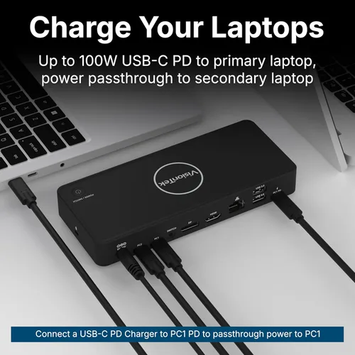 Miniatura 3 de VisionTek Estación de acoplamiento KVM VT2900 para 2 laptops, USB-C Dual Monitor Dock con HDMI y DisplayPort, entrega de energía de 100 W