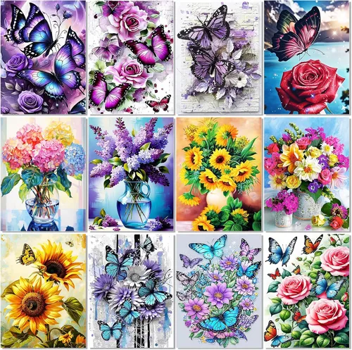 Paquete de 12 kits de arte de diamantes de flores para adultos, juegos de pintura de diamantes 5D con herramientas para principiantes, bricolaje,