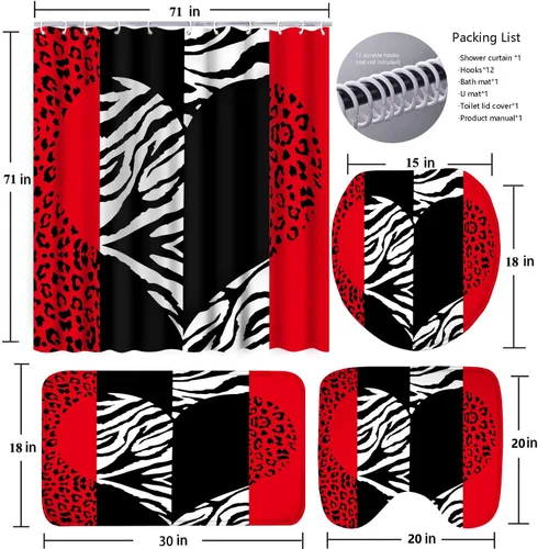 Miniatura 6 de Poedist Juego de 4 cortinas de baño, cortinas de ducha con estampado de leopardo rojo con estilo brillante, alfombras