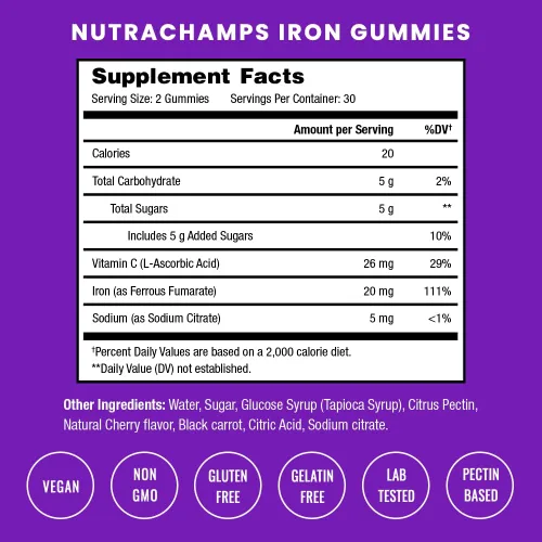 Miniatura 4 de NutraChamps Gomitas de hierro con vitamina C, 20 mg, apoyo a la formación de células sanguíneas, 60 gomitas veganas para deficiencia de hierro