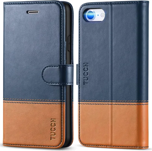 TUCCH Funda tipo cartera para iPhone SE 2022/SE 2020/iPhone 8/7, de piel sintética de alta calidad con soporte, ranura para tarjetas, cierre Azul