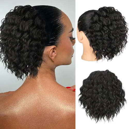 Miniatura 13 de Matriarchs Extensión de cola de caballo corta y rizada con cordón para mujer, pieza de cabello sintético largo afro rizado esponjoso para uso diario