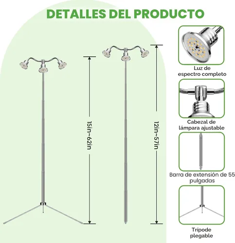 Miniatura 3 de Luces de crecimiento de espectro completo para plantas de interior de 15 a 62 pulgadas de altura ajustable de aleación de aluminio lámparas