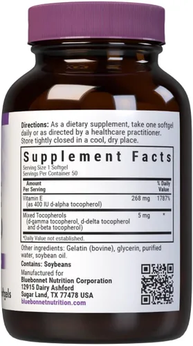 Miniatura 2 de Bluebonnet Nutrition Vitamina E 400 UI (268 mg) Cápsulas blandas mixtas de tocoferoles, portección de radicales libres y soporte cardiovascular, sin