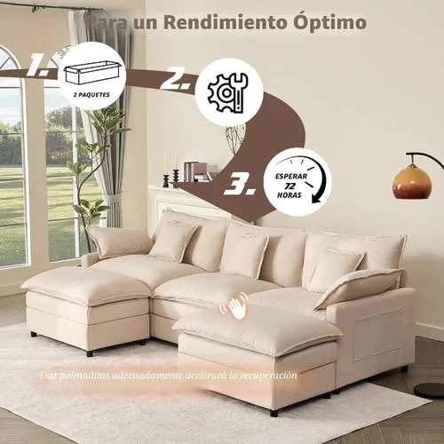 Miniatura 7 de GOSUHI - Sofá en forma de U de 108", sofá seccional modular, sofá de nube de 3 plazas con otomana móvil, sofás de asiento profundo para sala de Beige