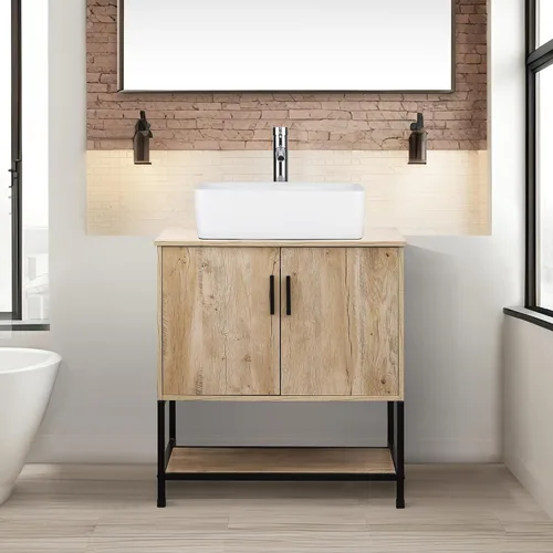 UEV Mueble de baño de roble rústico de 30 pulgadas con fregadero, marco de hierro industrial con puertas y estante, con moderno combo de fregadero