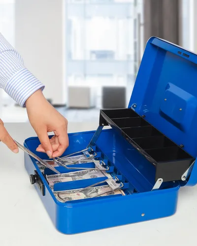 Miniatura 4 de Caja de efectivo grande con bandeja de dinero y cerradura, caja de dinero de metal para efectivo, caja de seguridad de 11.8 x 9.5 x 3.54 pulgadas