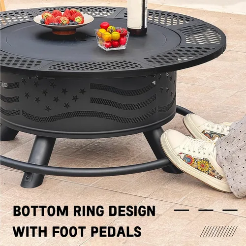 Miniatura 5 de Panovue - Fogata de 36 pulgadas con 2 rejillas de cocina, parrilla de acero redonda para leña al aire libre, con tapa, para barbacoa, fogata, pícnic