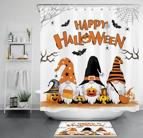 Miniatura 42 de HVEST Cortina de ducha de Halloween, linterna de calabaza y gnomo, cortina de ducha de baño, cortina de ducha de murciélago y araña, decorativa
