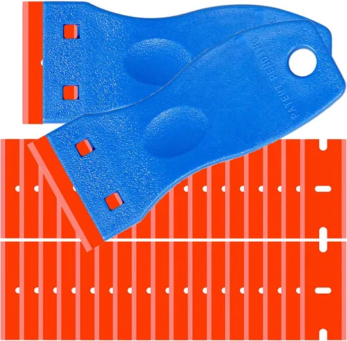 Rasqueta de plástico de doble filo con mango contorneado para raspar etiquetas y calcomanías adhesivas de superficies de vidrio (2 rasquetas azules