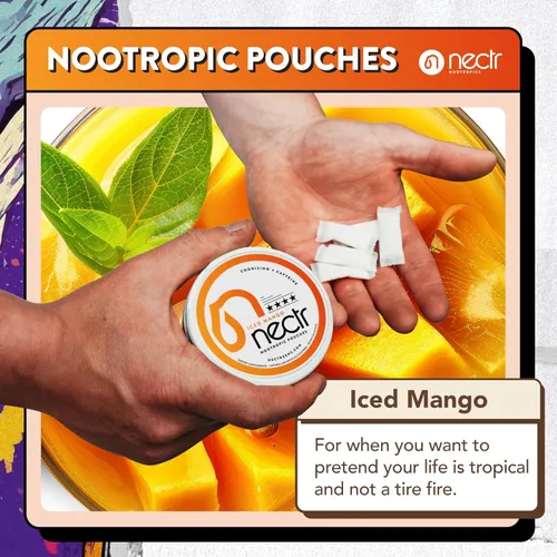 Miniatura 3 de Nectr Bolsas nootrópicas energéticas, con sabor a mango helado, bolsas de cafeína con citicolina Cognizin®. Golosinas cerebrales sin azúcar. Enfoque