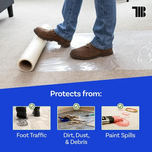 Miniatura 4 de TapeManBlue Rollo de película protectora de alfombra de 24 pulgadas x 200 pies, película protectora de plástico autoadhesiva para alfombras