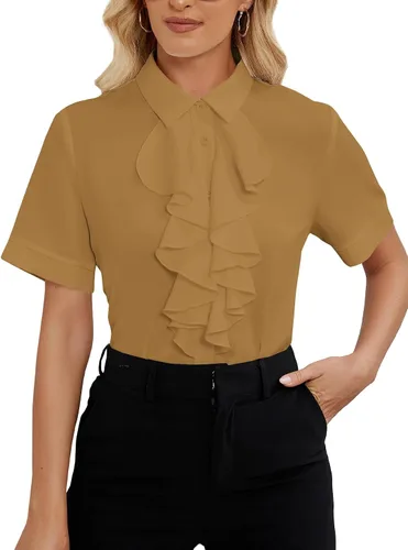 Miniatura 12 de Vrtige Women's Ruffle Front Collar Neck Button Down Short Sleeve Blouse Shirt Top