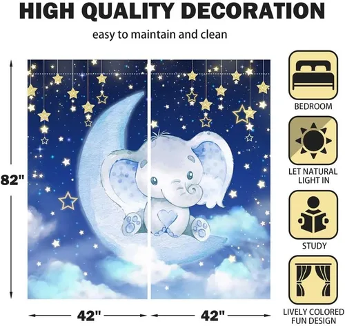 Miniatura 2 de Cortinas de ventana de elefante en acuarela para niños y niñas, estrella azul centelleante para bebé, sala de estar, dormitorio, guardería, hogar, 07