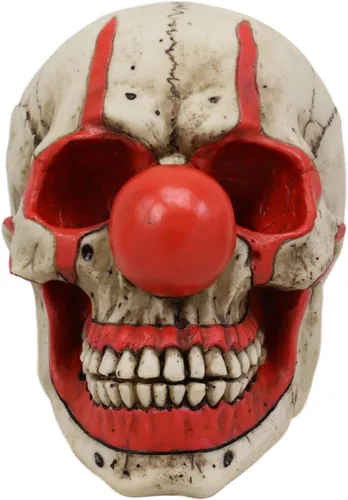 Miniatura 4 de Ebros Gift Creepy IT Jester Clown Harlequin Joker Skull with Red Nose Figurine 5" Tall Osario Macabra Calaveras y esqueletos de Halloween Escultura