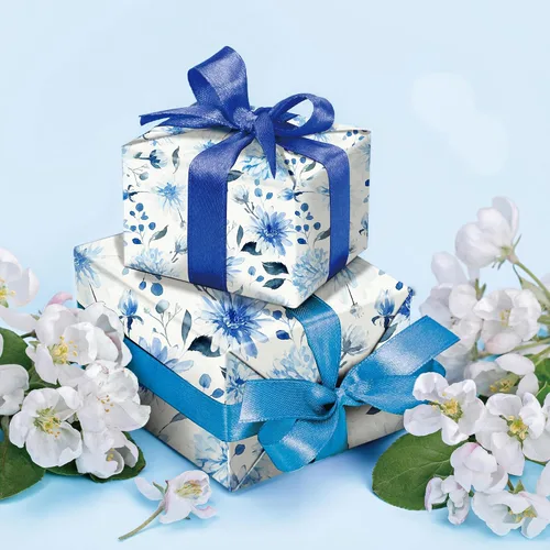 Miniatura 3 de SaringSwoon Papel de regalo floral azul y blanco para mujeres y niñas, envoltura de regalo de acuarela con diseño de flores azules para cumpleaños