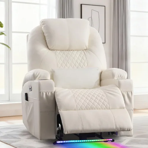 Miniatura 9 de Silla reclinable eléctrica con calor y masaje para adultos, asiento de cine en casa con luces LED, portavasos, bolsillo lateral, puerto USB, sofá