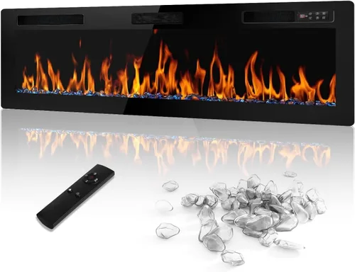 Miniatura 9 de LEMBERI Chimenea eléctrica de 50 pulgadas empotrada y montada en la pared, calentador de 750/1500 W y chimenea lineal con panel de control