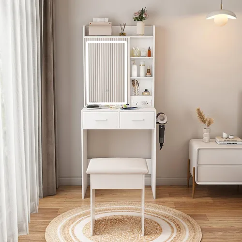 Miniatura 16 de Escritorio de tocador abatible con espejo iluminado LED y toma de corriente integrada, mesa de tocador de maquillaje con 2 cajones, almacenamiento