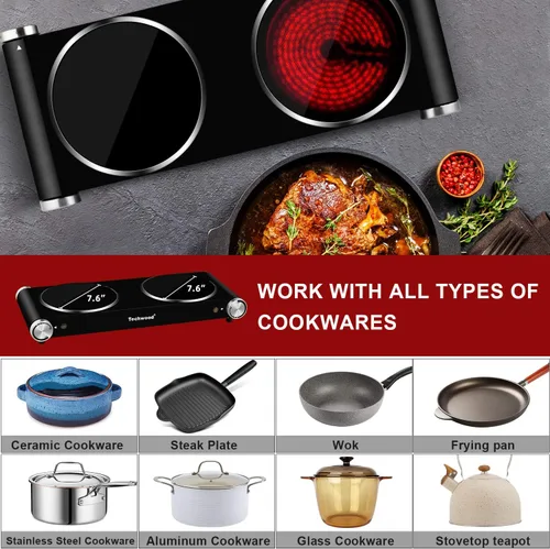 Miniatura 4 de Placa caliente, Techwood 1800W de doble quemador eléctrico, estufa de encimera de doble quemador para cocinar, placas calientes de cerámica Negro