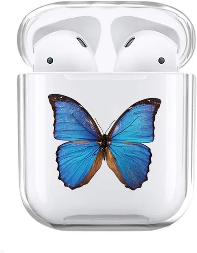 JOYLAND - Funda transparente para AirPod 1 y 2, diseño de mariposas, transparente, brillante, suave, antipolvo, flexible, color azul