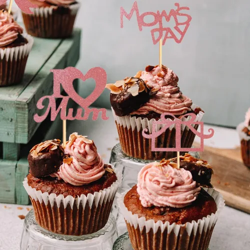 Miniatura 4 de Decoración para cupcakes para el Día de la Madre, 24 piezas con purpurina para fiesta de cumpleaños, suministros de cartón y bambú de primera calidad