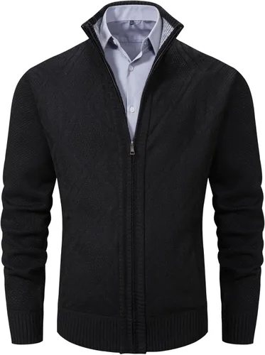 Miniatura 53 de VtuAOL Suéteres tipo cárdigan para hombre, con cremallera completa, cuello alto, cárdigan de punto casual con bolsillos