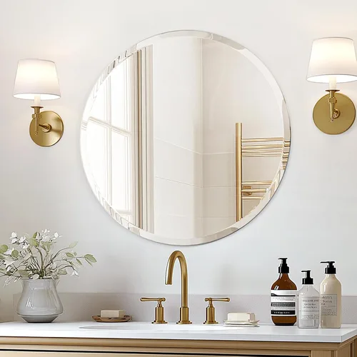 USHOWER Espejo de baño redondo sin marco de 24 pulgadas, espejo de tocador circular para decoración de pared, con borde biselado, para baño, sala de