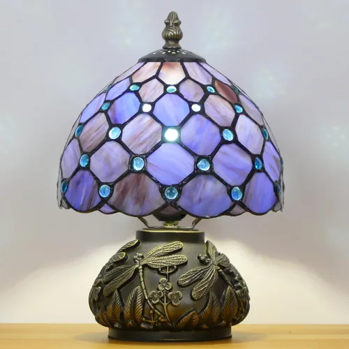 Miniatura 5 de Pequeña Lámpara Tiffany Mini Lámpara de Mesa de Vidrio Manchado Estilo Perla Púrpura Seta Lámpara de Acento 8X11 Pulgadas