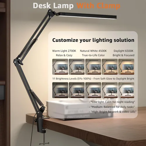 Miniatura 2 de TROPICALTREE Lámpara de escritorio LED para oficina en casa, con abrazadera con 5 modos de luz y apagado automático Lámpara de 14W de brillo
