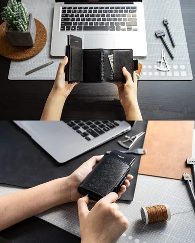 Miniatura 4 de VULKIT Tarjetero de cuero con bloqueo RFID, billetera desplegable automática con bloqueo RFID, cartera magnética para tarjetas doble para hombres