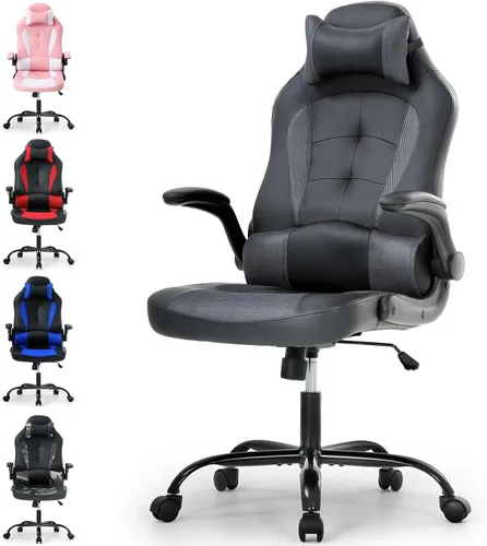 Miniatura 8 de Silla de juegos de oficina de carreras, silla de escritorio ejecutiva de respaldo alto con reposacabezas, soporte lumbar de masaje, color negro