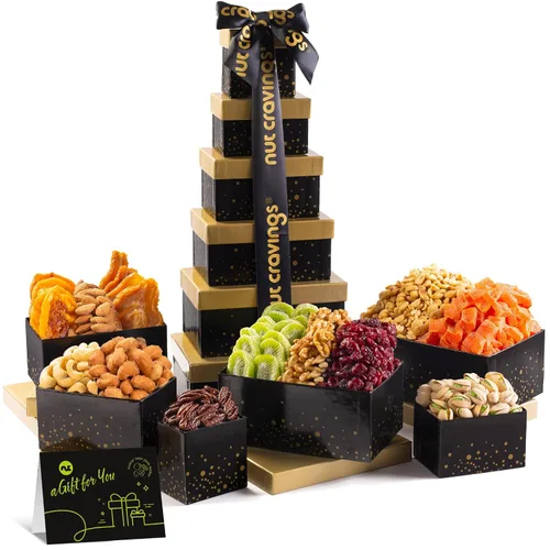 Miniatura 9 de NUT CRAVINGS - Cesta de regalo de frutas secas y nueces mixtas, torre roja + cinta de corazón (12 surtidos), arreglo de alimentos, paquete