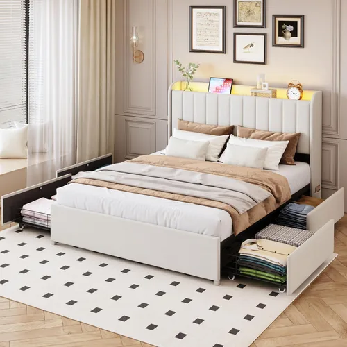 Miniatura 8 de Marco de cama completa con 4 cajones y cabecera de almacenamiento, marco de cama de plataforma tapizada tamaño completo con luces LED y práctica