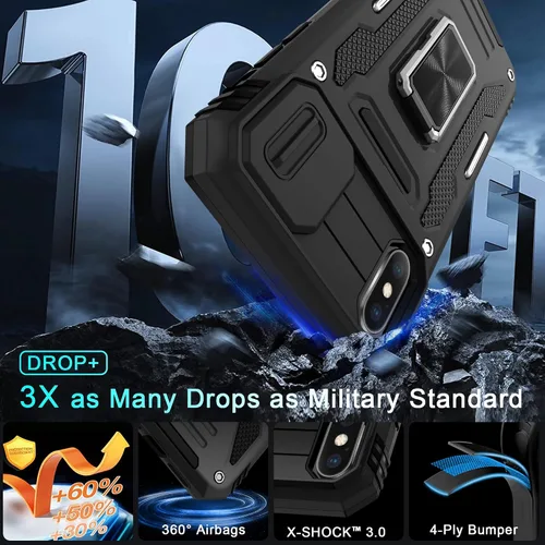 Miniatura 92 de DEERLAMN Funda para iPhone Xs Max con funda deslizante para cámara + protector de pantalla, soporte giratorio de anillo de grado militar a prueba