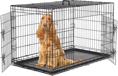 Sweetcrispy Jaula para perros de 48 pulgadas, jaulas medianas y grandes de doble puerta plegable de alambre de metal con bandeja de plástico a