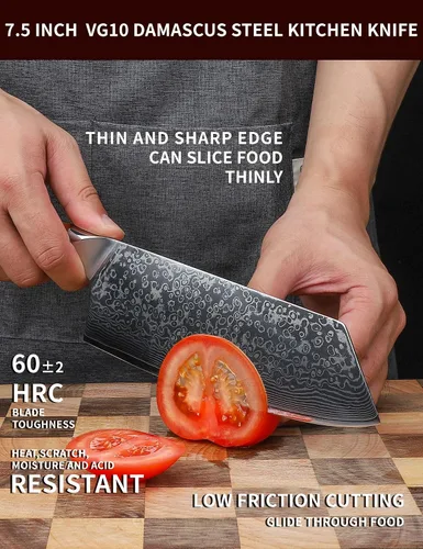 Miniatura 3 de Nakiri - Cuchillo de carnicero de 7.5 pulgadas, serie Xuan, cuchillo de cocina VG10 de acero de damasco, mango de resina (naranja fantasía)