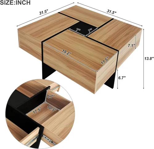 Miniatura 2 de Merax Mesa auxiliar, moderna mesa de centro extensible con 4 compartimentos de almacenamiento ocultos, mesa de cóctel central cuadrada de alto