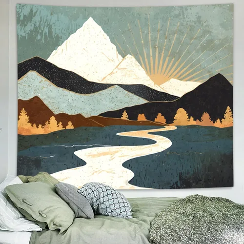 Miniatura 2 de Delur Tapiz Boho de Montaña con Puesta de Sol, Tapiz de Paisaje Natural de Bosque y Árbol para Colgar en la Pared, Tapiz Abstracto Psicodélico