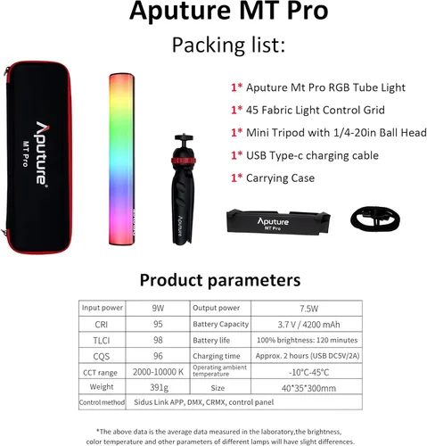 Miniatura 9 de Aputure MT Pro, RGBWW Mini tubo de luz, 36 píxeles mapeables, 7.5W 2000K to10000K,9 sistema de batería incorporado FX con rejilla y trípode
