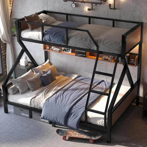 Miniatura 3 de Bellemave Litera Twin XL sobre Queen con estantes de almacenamiento y luces LED, literas de metal con escaleras, marco de litera resistente