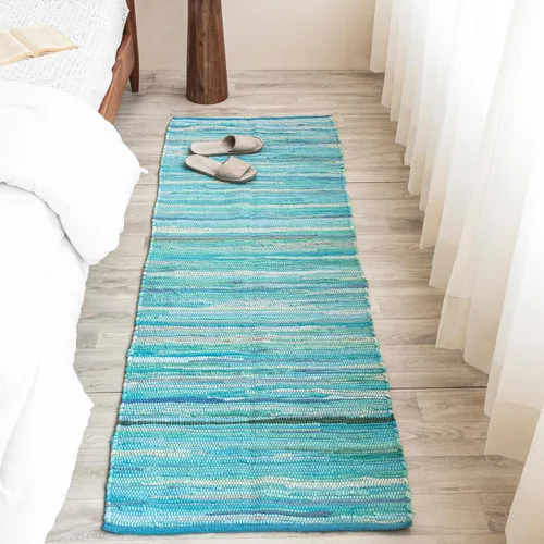 HOMEMONDE Alfombra reversible de trapo de 2 x 6 pies, color verde azulado, de algodón suave, hecha a mano, estilo bohemio, decoración del hogar para
